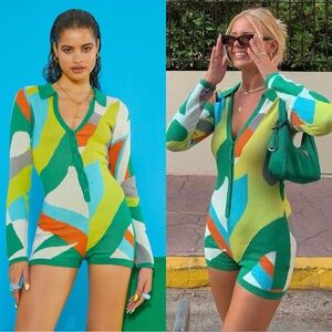 Jaded London Romper Jumpsuit Abstract Green Knit Long Sleeve size US 8